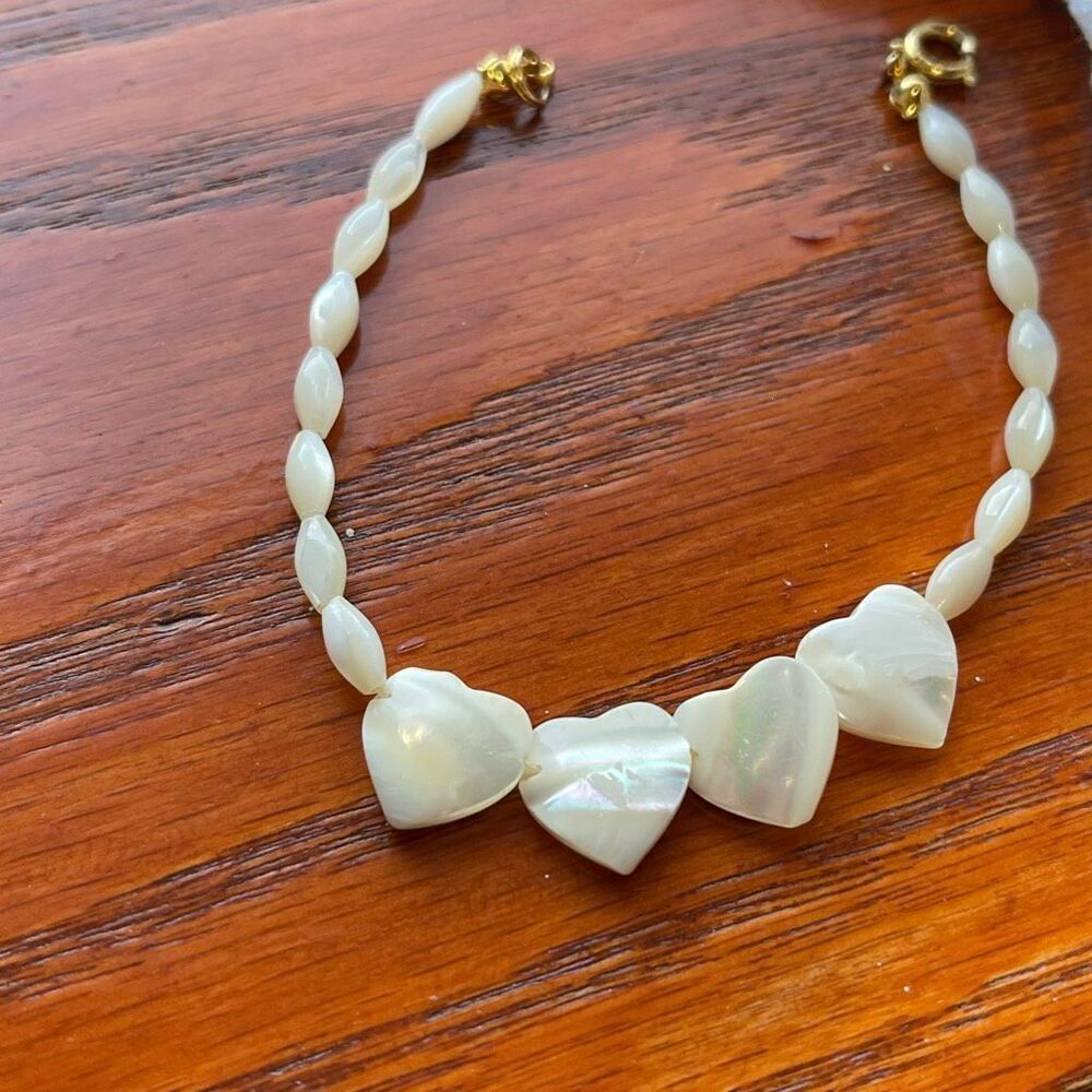 Vintage Midcentury mother of pearl beaded with carved hearts bracelet